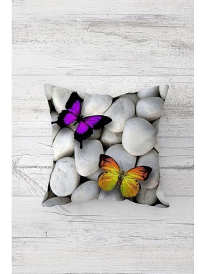 Uravas Store Pelangi Mor ve Sarı Kelebek Desenli Çift Tarafı Baskılı Gizli Fermuarlı Yastık Kılıfı Kırlent Yastık Kılıfı, Mor-Sarı 45 x 45