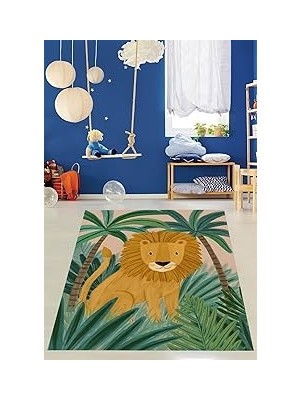 Uravas Store Pelangi Ormandaki Aslan Desenli Yıkanabilir Kaymaz Taban Leke Tutmaz Çocuk Odası Halısı, Kahverengi-Yeşil 80 x 350, 7642010508035005