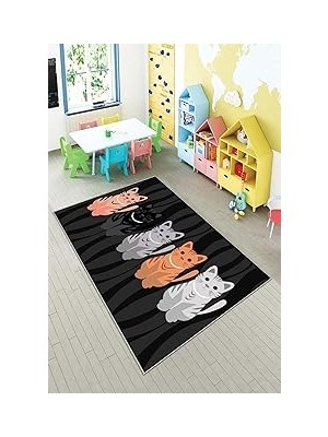 Uravas Store Pelangi Siyah Kedi Desenli Çocuk Yıkanabilir Kaymaz Taban Leke Tutmazbebek ve Çocuk Odası Halısı, Siyah 120 x 200, 901357132120200