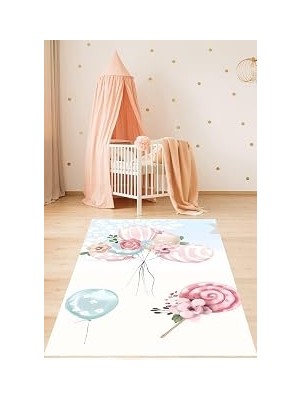 Uravas Store Pelangi Balon Buketi Vintage Çiçekli Bohem Tarz Yıkanabilir Kaymaz Taban Leke Tutmaz Çocuk Odası Halısık, Pembe-Beyaz-Mavi 120 x 160