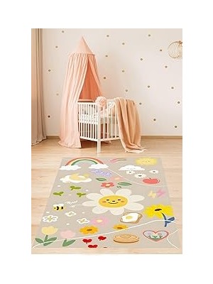 Uravas Store Pelangi Renkli Çiçek Gökkuşağı Güneş Desenli Yıkanabilir Kaymaz Taban Leke Tutmaz Çocuk Odası Halısı, Gri-Beyaz-Sarı 120 x 160