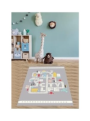 Uravas Store Pelangi Araba Yollu Yıkanabilir Kaymaz Taban Leke Tutmaz Çocuk Odası Halısı, Gri-Beyaz-Sarı-Mavi 120 x 200