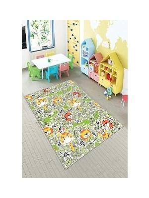Uravas Store Pelangi Yeşil Safari Desenli Yıkanabilir Kaymaz Taban Leke Tutmazbebek ve Çocuk Odası Halısı, Yeşil-Turuncu 60 x 200, 90135704260200