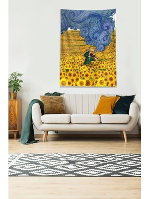 Uravas Store Pelangi Çok Renkli Van Gogh Papatya Tarlası Leke Tutmaz Kadife Kumaş Duvar Örtüsü Duvar Halısı Tapestry DWLL417, 70 x 100