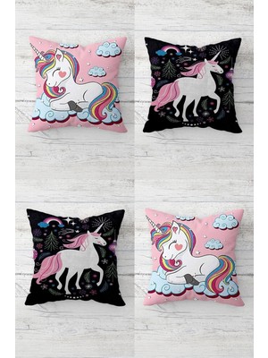 Uravas Store Pelangi Sevimli Unicorn Desenler Gizli Fermuarlı Kırlent Kılıfı Koltuk Yastık Kılıfı TAKIM(4ADET), Pembe-Siyah 45 x 45