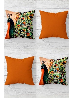 Uravas Store Pelangi Turuncu Batik Tavuskuşu Desenli Gizli Fermuarlı Kırlent Kılıfı Koltuk Yastık Kılıfı TAKIM(4ADET), Turuncu-Turkuvaz 45 x 45