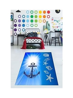 Uravas Store Pelangi Gemici Desen Çapa Dijital Baskı Yıkanabilir Kaymaz Taban Yıkanır Çocuk Odası Denizci Halısı, Mavi 180 x 300