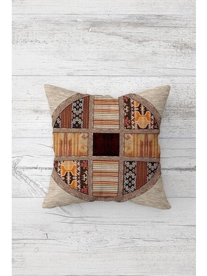 Uravas Store Pelangi Kilim Motifli Çift Tarafı Baskılı Gizli Fermuarlı Yastık Kılıfı Kırlent Koltuk Yastık Kılıfı, Bej-Kahve 45 x 45