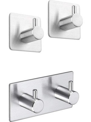 Uravas Store Deltahome Paslanmaz Çelik 2 Topuzlu Bornoz Askısı ve 2 Adet Topuzlu Havluluk Set - Kendinden Yapışkanlı - Inox