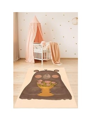 Uravas Store Pelangi Sevimli Ayıcık ve Piti Çiçekli Yıkanabilir Kaymaz Taban Leke Tutmaz Çocuk Odası Halısık, Kahve-Sarı 180 x 300