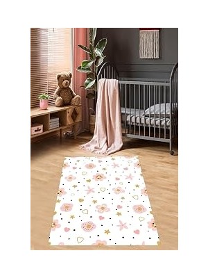 Uravas Store Pelangi Pembe Çiçek Desenli Kalpli Yıldızlı Dijital Baskı Yıkanabilir Kaymaz Leke Tutmaz Çocuk Odası Halısı, Pembe-Beyaz 100 x 200