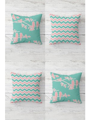 Uravas Store Pelangi Daldaki Kuşlar Geometrik Zigzag Gizli Fermuarlı Kırlent Kılıfı Koltuk Yastık Kılıfı TAKIM(4ADET), Yeşil-Pembe 45 x 45
