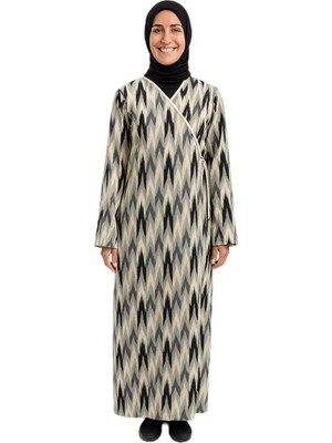 Uravas Store Zigzag Desenli Kruvaze Namaz Elbisesi –%100 Viskon, Yandan Bağlamalı, Rahat Kalıp, 36–46 Beden (Gri, 1)