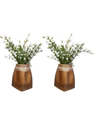 Uravas Store 2 Adet Vazo Dahil,vazoda Çiçek,beyaz Yapay Çiçek,vazo Dekoratif Taşlı Altın Poliresin 7X7X15CM