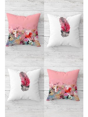 Uravas Store Pelangi Kuş Tüyü ve Çiçek Buketi Desen Gizli Fermuarlı Kırlent Kılıfı Koltuk Yastık Kılıfı TAKIM(4ADET), Açık Pembe-Beyaz 45 x 45