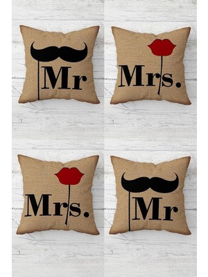 Uravas Store Pelangi Mr And Mrs Bıyık ve Öpücük Desen Gizli Fermuarlı Kırlent Kılıfı Koltuk Yastık Kılıfı TAKIM(4ADET), Bej-Siyah 45 x 45