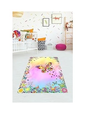 Uravas Store Pelangi Renkli Kelebek Çiçek Desenli Dijital Baskı Yıkanabilir Kaymaz Taban Leke Tutmaz Çocuk Odası Halısı, Pembe 160 x 250
