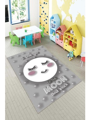 Uravas Store Pelangi Gri Ay Desenli Yıkanabilir Kaymaz Taban Leke Tutmazbebek ve Çocuk Odası Halısı, Açık Gri-Beyaz 160 x 250, 901357153160250
