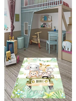 Uravas Store Pelangi Pastel Renkler Sevimli Hayvanlar Zürafa Yıkanabilir Kaymaz Taban Leke Tutmaz Çocuk Odası Halısık, Mint-Beyaz 160 x 300, 76420051603001