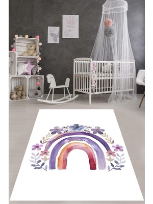 Uravas Store Pelangi Bohem Iskandinva Minimal Tarz Gökkuşağı Yıkanabilir Kaymaz Taban Leke Tutmaz Çocuk Odası Halısık, Beyaz-Mor-Lila 80 x 400