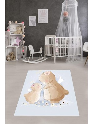 Uravas Store Pelangi Sevimli Ayıcıklar Desenli Çiçekli Dijital Baskılı Kaymaz Yıkanabilir Leke Tutmaz Çocuk Odası Halısı, Mavi 80 x 350