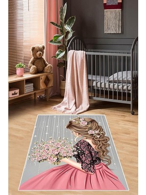 Uravas Store Pelangi Prenses Kız Desenli Çiçekli Halı Dijital Baskı Yıkanabilir Kaymaz Taban Kız Çocuk Odası Halısı, Gri-Pembe 40 x 40
