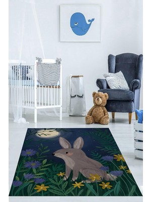 Uravas Store Pelangi Ormandaki Tavşan ve Ay Işığı Iskandinav Yıkanabilir Kaymaz Taban Leke Tutmaz Çocuk Odası Halısı, Lacivert-Gri-Yeşil 80 x 250, 764209208025005