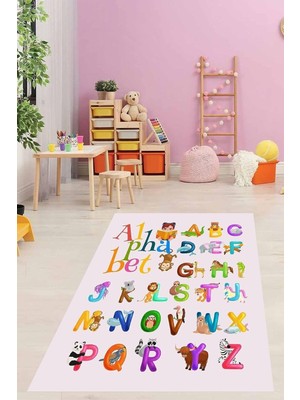 Uravas Store Pelangi Eğitici Alfabe Harfler ve Hayvanlar Desenli Yıkanabilir Kaymaz Taban Leke Tutmaz Çocuk Odası Halısı, Beyaz-Kahverengi-Yeşil 80 x 400, 903868013980400