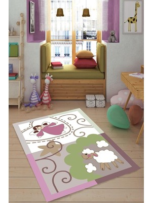 Uravas Store Pelangi Kuzu ve Melek Desenli Renkli Dijital Baskı Yıkanabilir Kaymaz Taban Çocuk Odası Halısı, Pembe 160 x 230