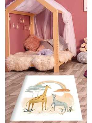 Uravas Store Pelangi Gökkuşağı Zürafa Safari Pastel Renkli Yıkanabilir Kaymaz Taban Leke Tutmaz Çocuk Odası Halısık, Somon-Mavi 40 x 40, 764203140401