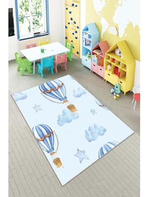 Uravas Store Pelangi Uçan Balon Desenli Dijital Baskılı Yıkanabilir Kaymaz Taban Çocuk Odası Halısı, Açık Mavi 160 x 240, 90OTC42HNG160240