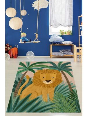Uravas Store Pelangi Ormandaki Aslan Desenli Yıkanabilir Kaymaz Taban Leke Tutmaz Çocuk Odası Halısı, Kahverengi-Yeşil 80 x 350, 7642010508035005