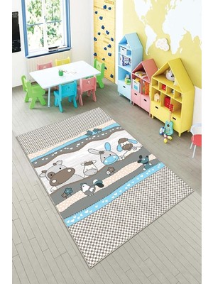 Uravas Store Pelangi Gri Sevimli Hayvanlar Desenli Yıkanabilir Kaymaz Taban Leke Tutmaz Çocuk Odası Halısı, Gri-Mavi 80 x 200, 90135718080200