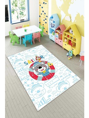 Uravas Store Pelangi Mavi Denizci Kahraman Desenli Yıkanabilir Kaymaz Taban Leke Tutmazbebek ve Çocuk Odası Halısı, Beyaz-Mavi 60 x 120, 90135701160120