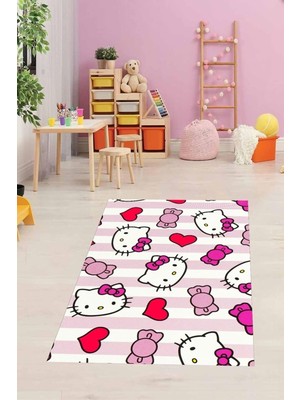 Uravas Store Pelangi Sevimli Kedili Kalpli Halı Dijital Baskı Yıkanabilir Kaymaz Taban Çocuk Odası Halıs, Pembe-Beyaz 130 x 180