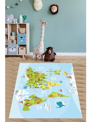 Uravas Store Pelangi Eğitici Harita Yıkanabilir Kaymaz Taban Leke Tutmaz Çocuk Odası Halısı, Açıkmavi-Yeşil-Sarı 180 x 300, 9038680019180300