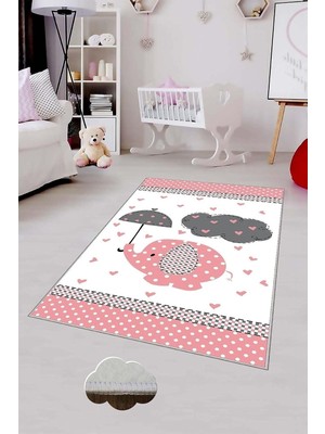 Uravas Store Pelangi Beyaz Fil Desenli Yıkanabilir Kaymaz Taban Leke Tutmazbebek ve Çocuk Odası Halısı, Beyaz-Pembe 60 x 200