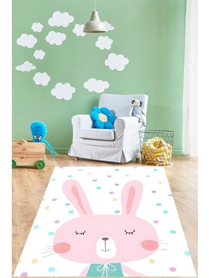 Uravas Store Pelangi Renkli Benekli Puantiyeli Uyuyan Tavşan Yıkanabilir Kaymaz Taban Leke Tutmaz Çocuk Odası Halısık, Beyaz-Pembe-Mavi 100 x 250
