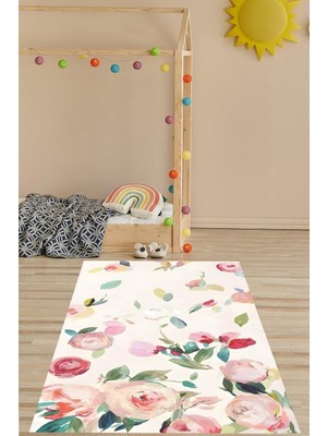Uravas Store Pelangi Floral Suluboya Çiçekli Minimal Bohem Tarz Yıkanabilir Kaymaz Taban Leke Tutmaz Çocuk Odası Halısık, Uçuk Pembe 60 x 200