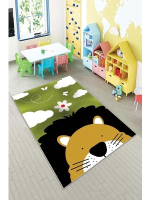 Uravas Store Pelangi Yeşil Aslan Desenli Çocuk Yıkanabilir Kaymaz Taban Leke Tutmazbebek ve Çocuk Odası Halısı, Yeşil 80 x 500