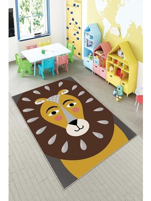 Uravas Store Pelangi Gri Aslan Desenli Çocuk Yıkanabilir Kaymaz Taban Leke Tutmazbebek ve Çocuk Odası Halısı, Kahverengi-Taba 80 x 500, 90135704680500