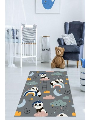 Uravas Store Pelangi Panda Gökkuşağı Bulut Desenli Dijital Baskı Yıkanabilir Kaymaz Taban Leke Tutmaz Çocuk Odası Halısı, Gri-Mavi 160 x 300