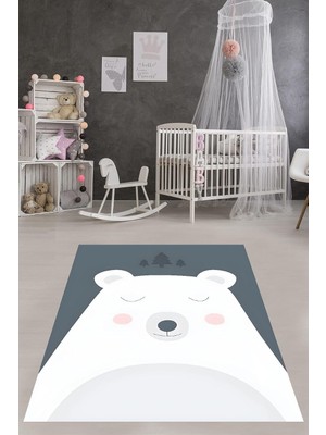 Uravas Store Pelangi Panda Desenli Yıkanabilir Kaymaz Taban Leke Tutmaz Çocuk Odası Halısı, Gri-Füme-Beyaz 80 x 250