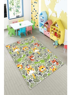Uravas Store Pelangi Yeşil Safari Desenli Yıkanabilir Kaymaz Taban Leke Tutmazbebek ve Çocuk Odası Halısı, Yeşil-Turuncu 60 x 200, 90135704260200