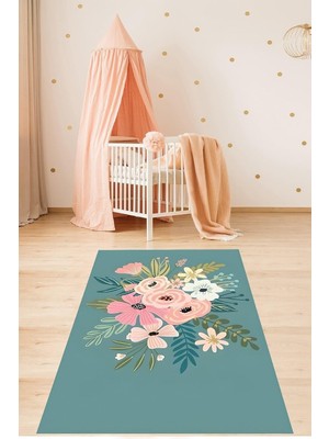 Uravas Store Pelangi Floral Çiçekli Minimal Bohem Tarz Yıkanabilir Kaymaz Taban Leke Tutmaz Çocuk Odası Halısık, Petrol Yeşili-Renkli 80 x 50