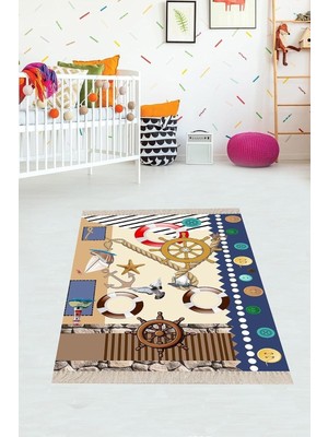 Uravas Store Pelangi Gemi Yelken Desenli Dijital Baskılı Kaymaz Taban Çocuk Odası Halısı, Bej 120 x 120