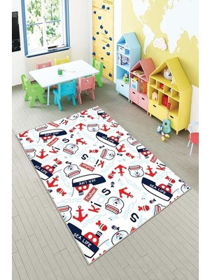 Uravas Store Pelangi Beyaz Gemi ve Çapa Desenli Yıkanabilir Kaymaz Taban Leke Tutmazbebek ve Çocuk Odası Halısı, Beyaz-Lacivert 80 x 350