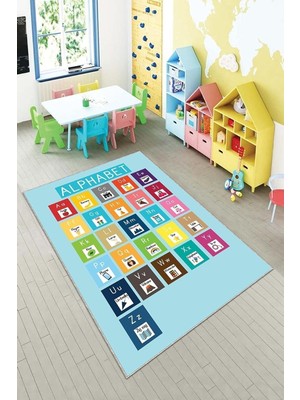 Uravas Store Pelangi Mavi Alfabe Eğitici Öğretici Yıkanabilir Kaymaz Taban Leke Tutmazbebek ve Çocuk Odası Halısı, Mavi 100 x 200
