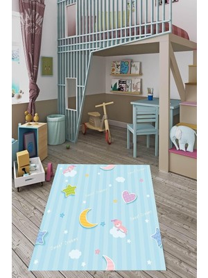 Uravas Store Pelangi Sweet Dreams Ayıcık Desen Dijital Baskı Yıkanabilir Kaymaz Taban Leke Tutmaz Çocuk Odası Halısı, Turkuaz 80 x 600