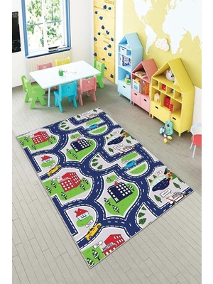 Uravas Store Pelangi Mavi Araba Trafik Yollu Yıkanabilir Kaymaz Taban Leke Tutmazbebek ve Çocuk Odası Halısı, Yeşil-Lacivert 180 x 250, 901357109180250
